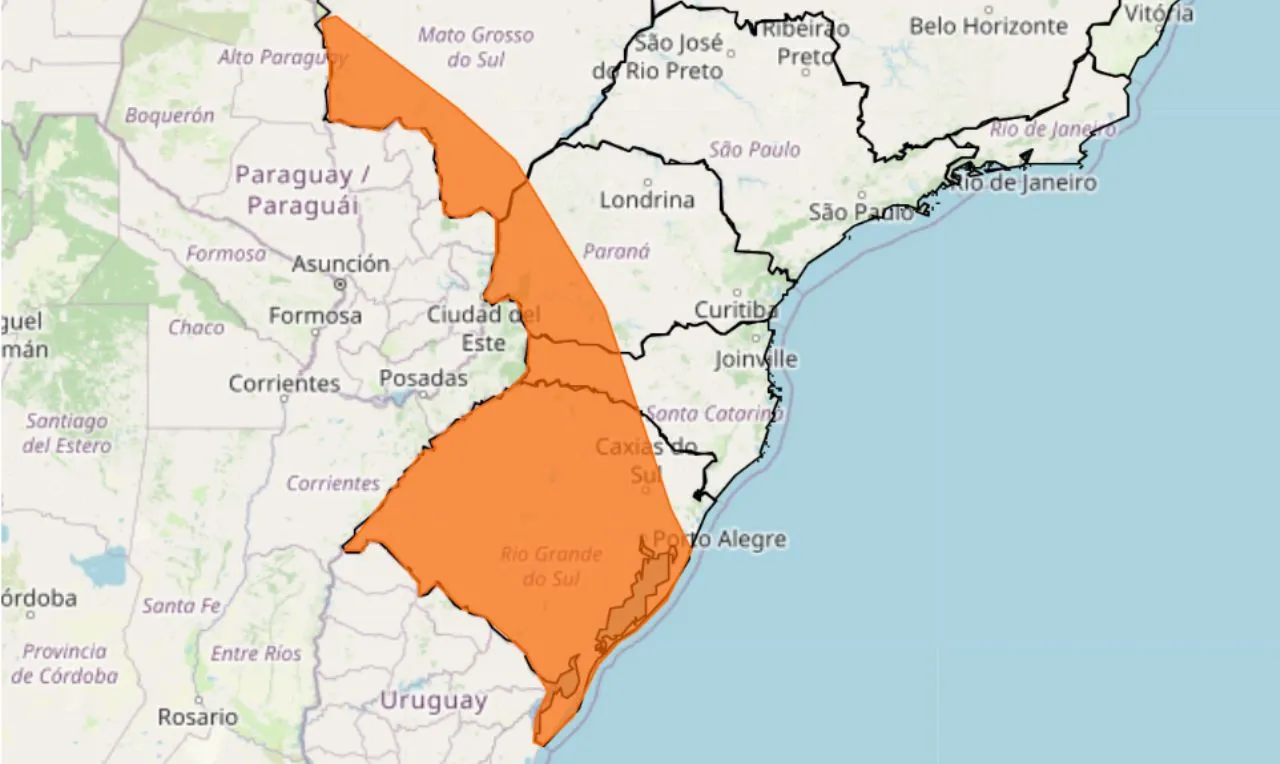 o mapa mostra as áreas em alerta para tempestade e ventos intensos